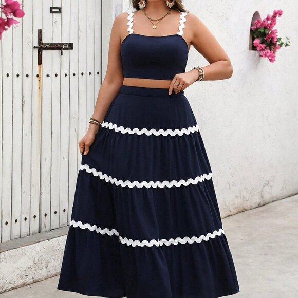 Navy Blue Boho Women's Plus Size Ruffle Trim Camisole And Mini Skirt Set - Picture 5 of 6